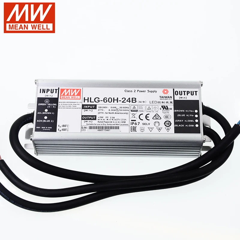 MEAN WELL HLG 60H Series DC15V 24V 36V 42V 48V 54V 60W с защитой от дождя одним выходом регулируемый