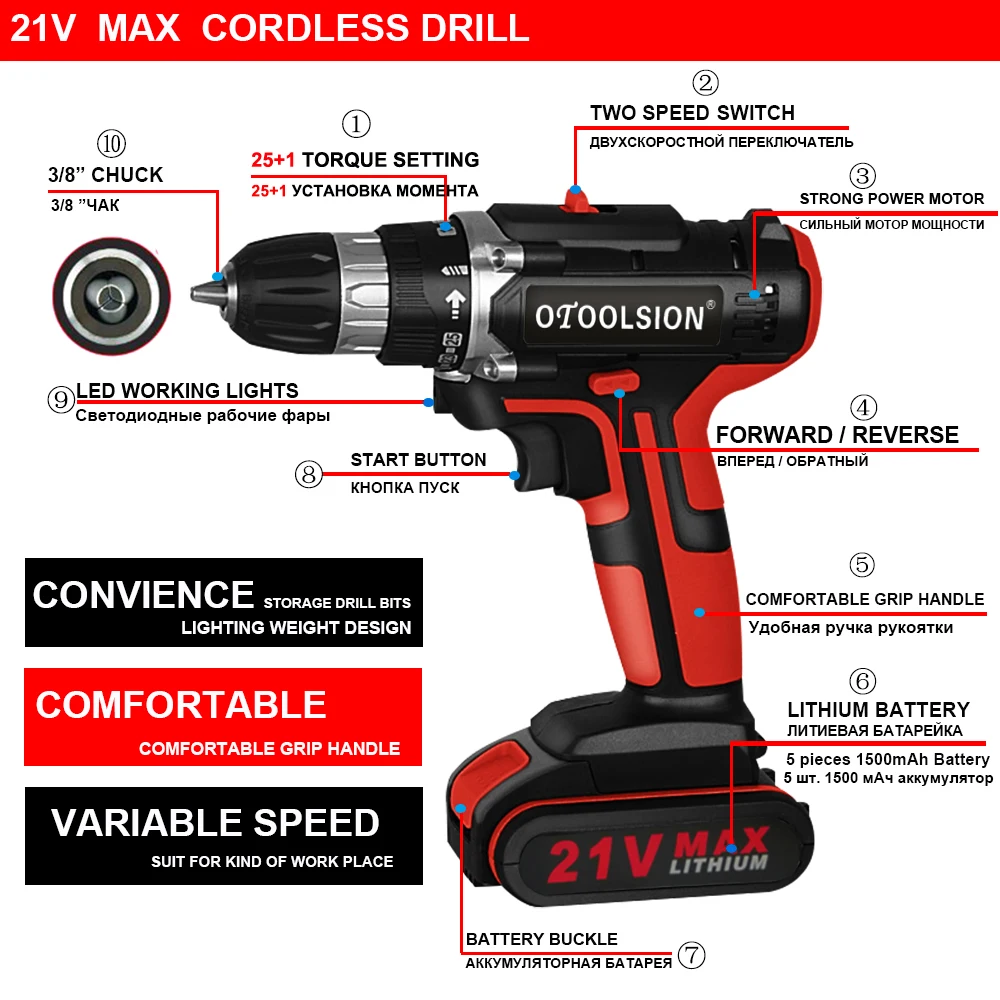 21V Variable Speed Electric Screwdriver Cordless Screwdriver Power Tools Drill Electric Screwdriver Drill With Drill Accessories (6)