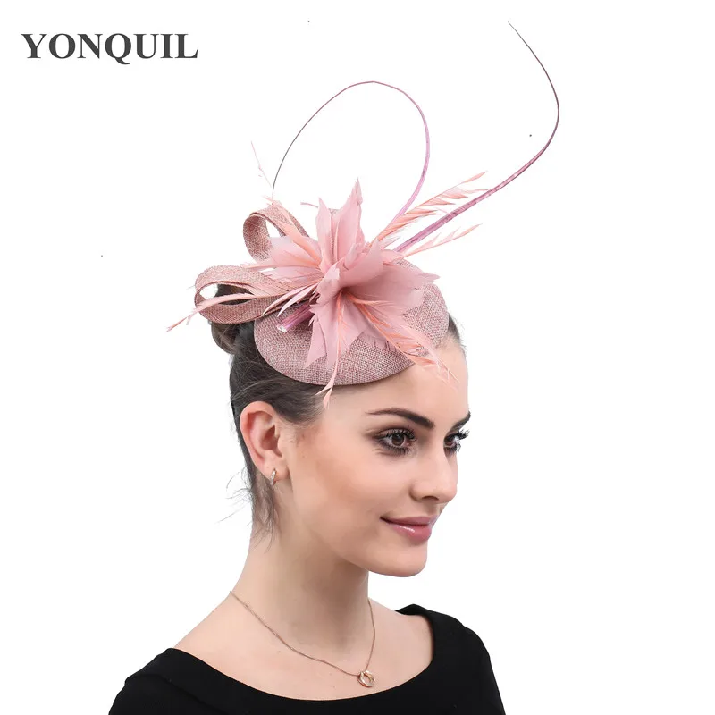 Персик свадьбы модное перо аксессуары Fascinator заколки для волос женская церковная фетровая шляпа шапки женские гонки чай Дерби головной убор повязка на голову