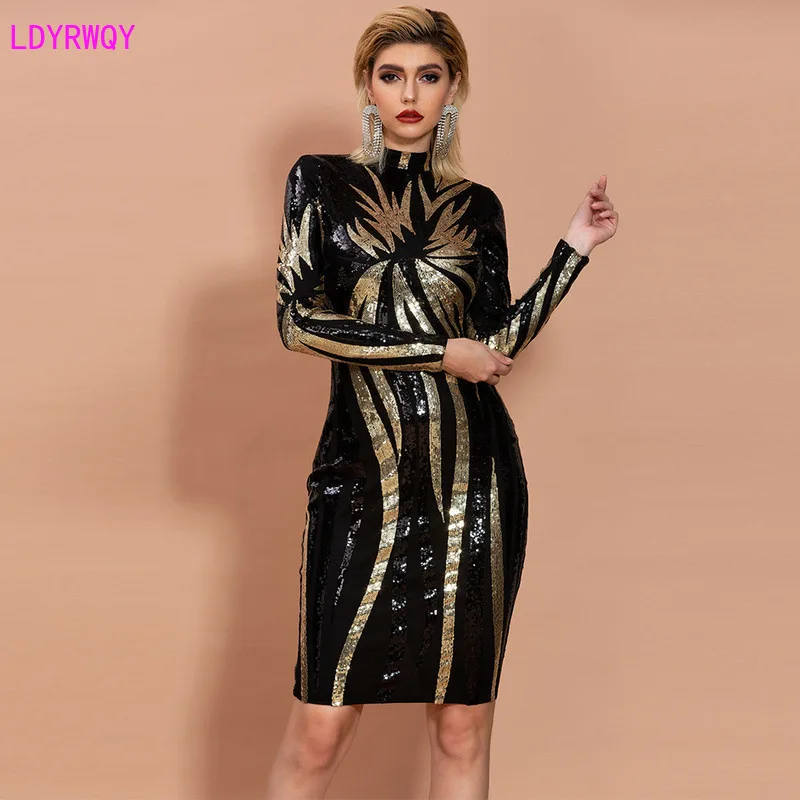 

LDYRWQY spring and summer new European and American women's fashion high-necked long-sleeved stitching sequins slim dress