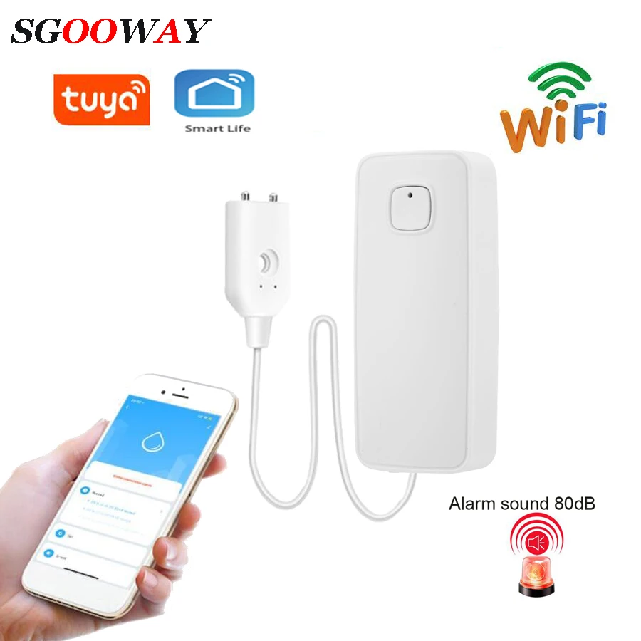 Sgooway Tuya Wifi inteligente de fuga de agua Detector Sensor de alarma Compatible con vida inteligente de 80dB sonido de alarma