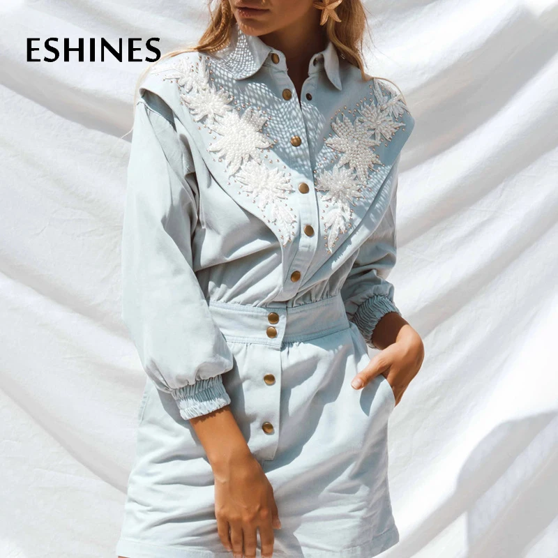 

ESHINES Chic Custom Denim Short Jumpsuits 2019 Luxury Patchwork Flower Beading And Rivet Single-breasted High Waist Romper