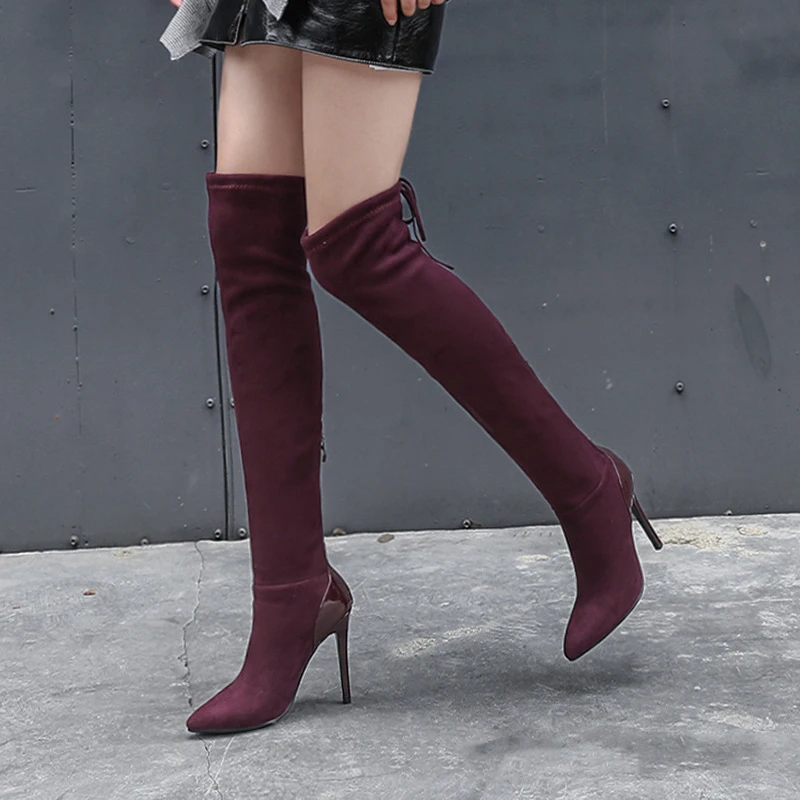 Женские зимние сапоги выше колена; женские сапоги до бедра из эластичной ткани на высоком каблуке, на молнии, со шнуровкой; женские высокие сапоги с острым носком; BT11 - Цвет: RED WINE