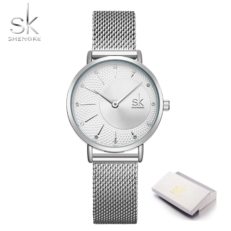 silver with box Shengke Новые Креативные женские часы Роскошные Rosegold кварцевые женские часы Relogio Feminino с сетчатым РЕМЕШКОМ НАРУЧНЫЕ часы Reloj Mujer - Цвет: silver with box