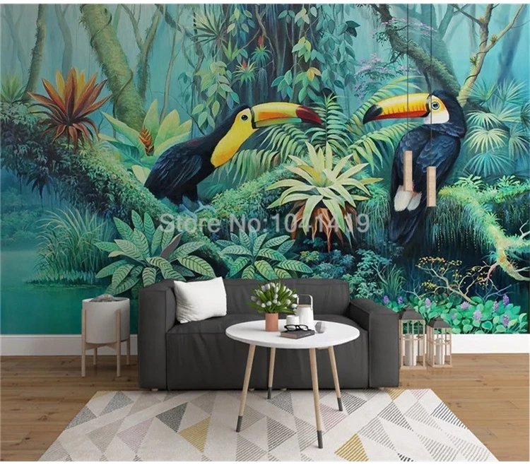 Пользовательские Настенные обои 3D Ручная роспись тропический дождь лес растение птица гостиная спальня фон Настенный декор Papel де Parede