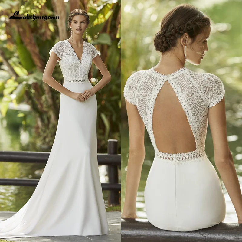 

Lakshmigown Lace Chiffon Boho Wedding Dresses Open Back Cap Sleeve Summer Beach Bridal Gowns Custom Made robe de mariee 2021