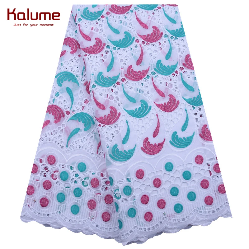 

Kalume African Lace Fabric High Quality Nigerian Swiss Voile Cotton Lace Fabric With Stones Hoels Fabric For Sewing Party F1864