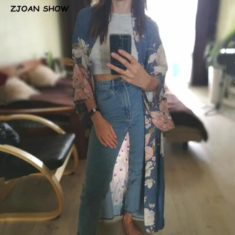 2019 Bohemian V neck Peacock Flower Print Long Kimono Shirt Ethnic New Lacing up Sashes Long Cardigan Loose Blouse Tops femme