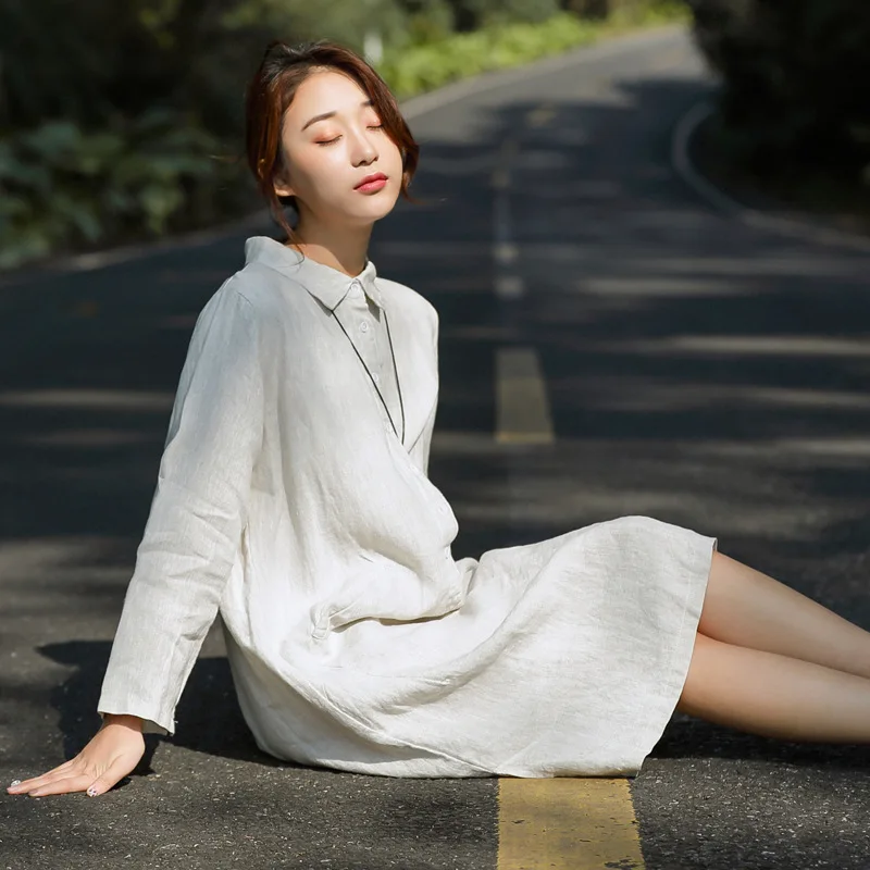 New Style Mori Girl Line Hipster Cotton Linen WOMEN'S Dress Loose-Fit Slimming Artistic Retro Cotton Linen Shirt Dress