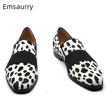 

Black Elastic Band Decor Dress Shoes Man Sexy Round Toe Slip-on Loafers Unique Polka Dot Horsehair Dress Men Shoes