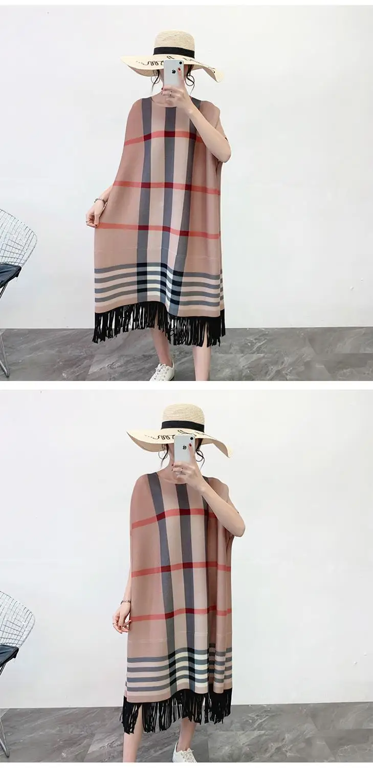 Горячая Miyake модное складное платье с коротким рукавом и О-образным вырезом, свободное платье с кисточками