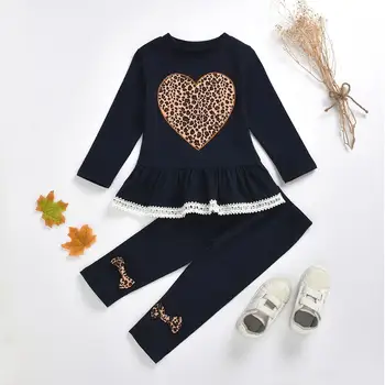 

2020 Spring Baby Girls 2-6T Cotton long sleeve leopard print lace dress + Pant with bow 2PC outfits Clothes set