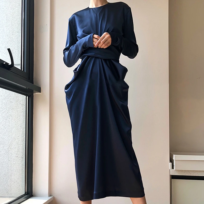 VGH, винтажное сатиновое женское платье с рюшами, о-образный вырез, длинный рукав, высокая талия, туника, миди, осенние платья для женщин, модная новая одежда