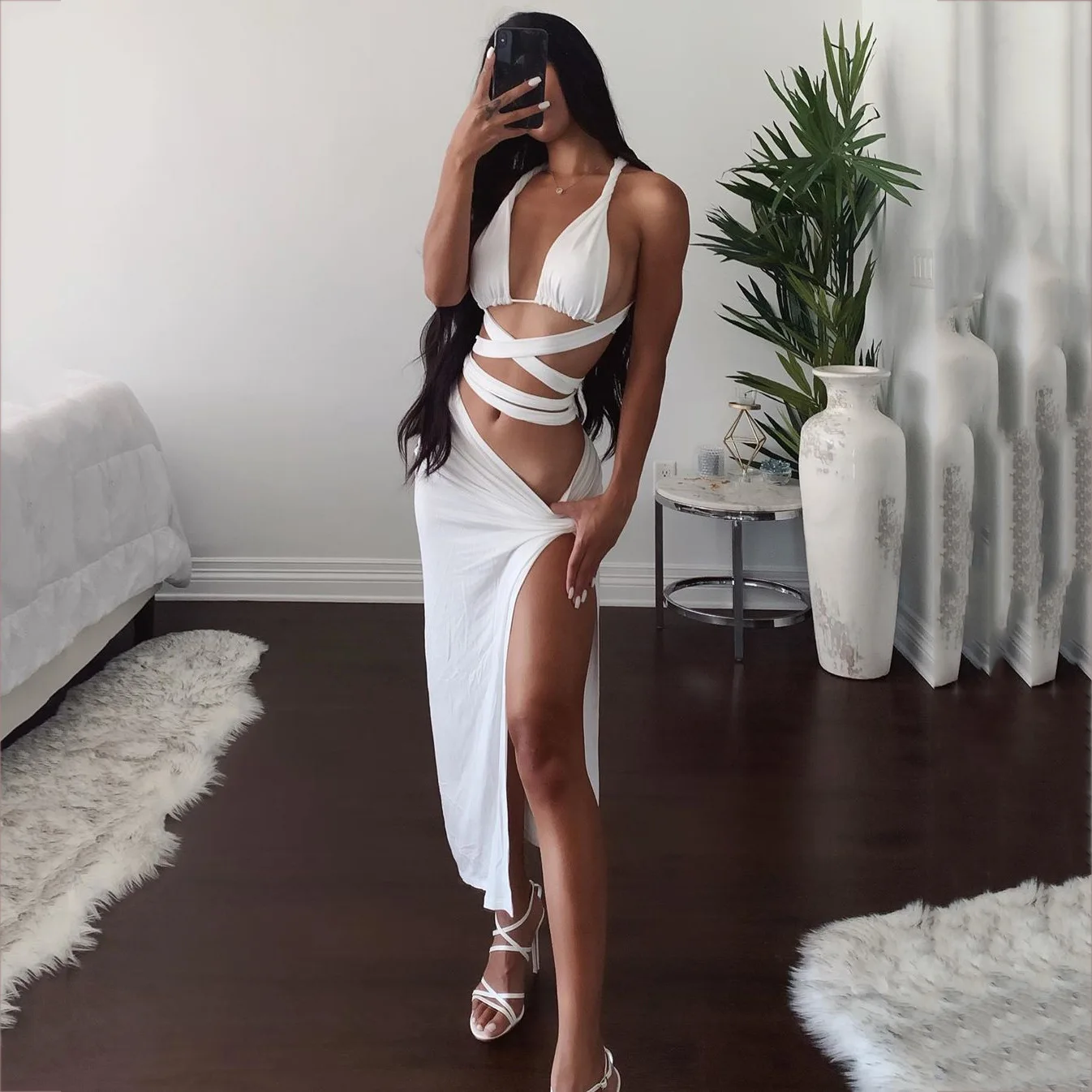 

Ladies Dress Sexy Sling Cross Tie Vest Long Low Waist Solid Color Fold Split Two-piece 2021 Explosive Dress Suit