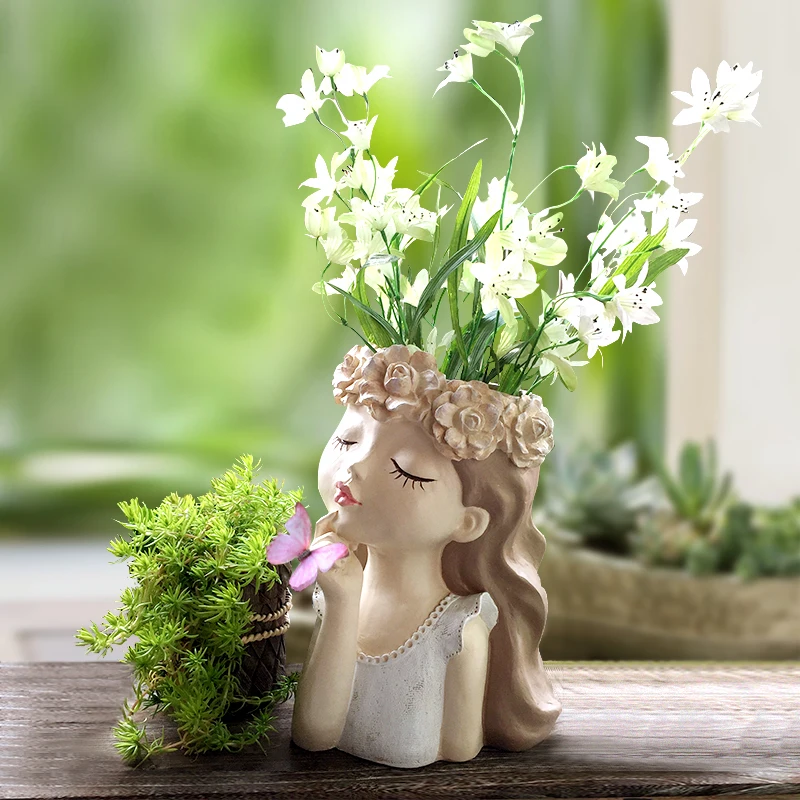 Resin Vase Creative Girl Sculpture Fake Flower Flower Arrangement Vase Succulents In Pots Home Desktop Decoration Exquisite Gift 2