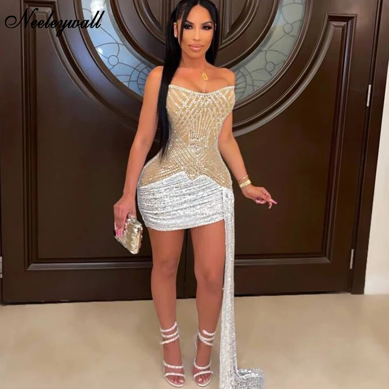 Neeleywall блестящее белое черное мини-платье с блестками на бретелях красивое платье