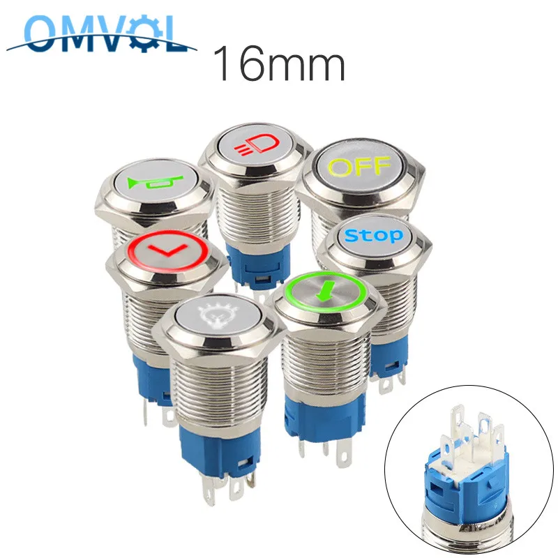 

16mm 3-6V 12V 24V 220V LED metal push button switch dashboard custom symbol momentary car racing switch