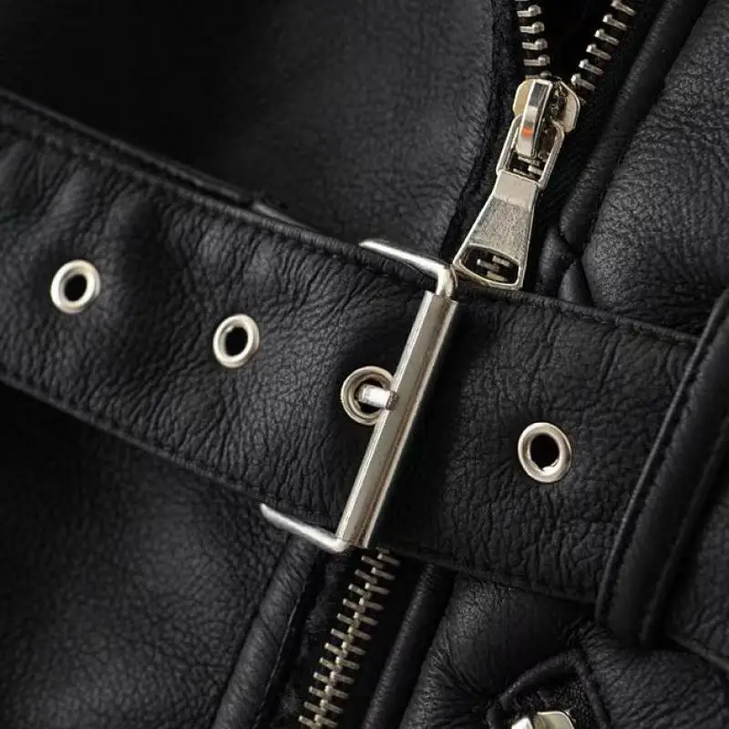 Winter Fashion New Women Medium Long Lamb Wool Lining Patchwork PU Leather Jacket Ladies Loose Punk Black Leather Jacket