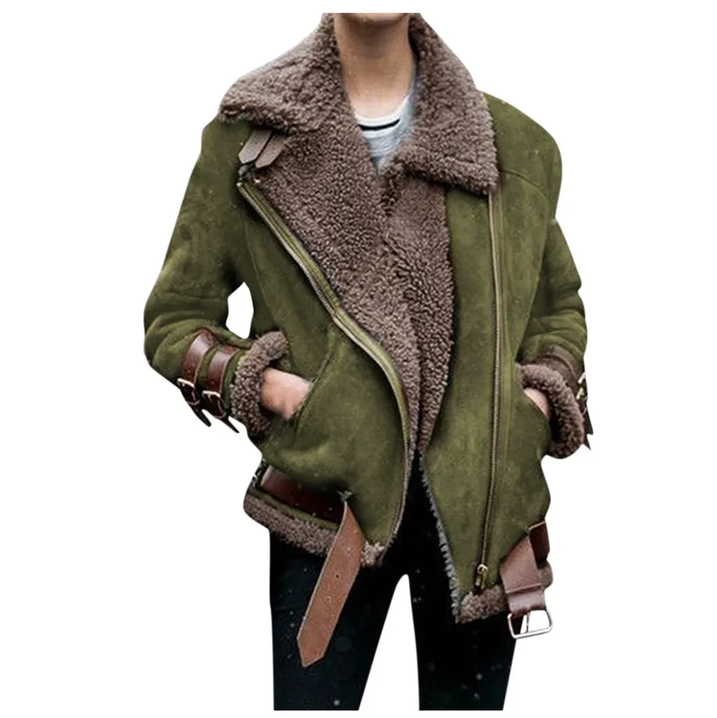 KANCOOLD Women faux leather jean jacket Winter Thick Jean Jacket Faux Fur Collar Fleece Coat Female Padded Warm Denim Outwear - Цвет: Армейский зеленый