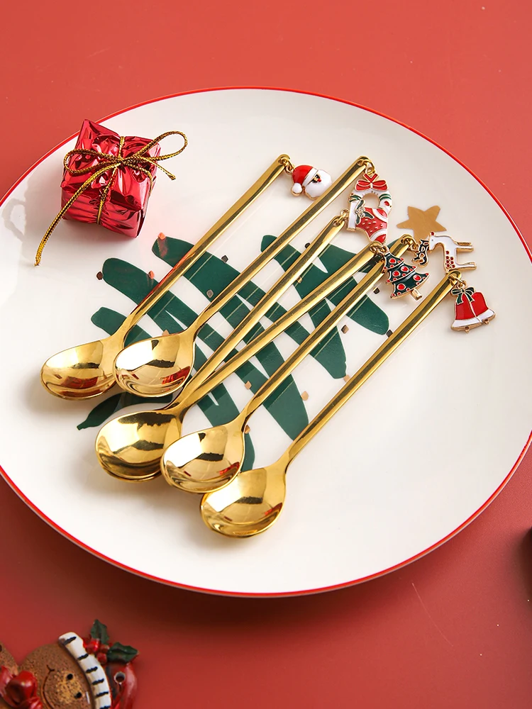 Christmas Gift Party Desserts Ice Cream Coffee Mixing Spoons Stainless Cutlery 6 Pieces 1 Set Cafe Shop Home Resturant Use