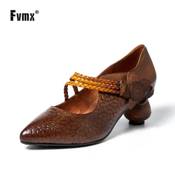 

FVMX New Retro Ethnic Women Loafers Genuine Leather Flower Pointed Toe Heels Sandals Ankle Strap Elegant Ladies Pumps Shoes