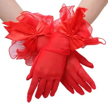 

Wedding Bridal Sheer Mesh Thin Short Gloves Satin Bowknot Wavy Ruffles Mittens