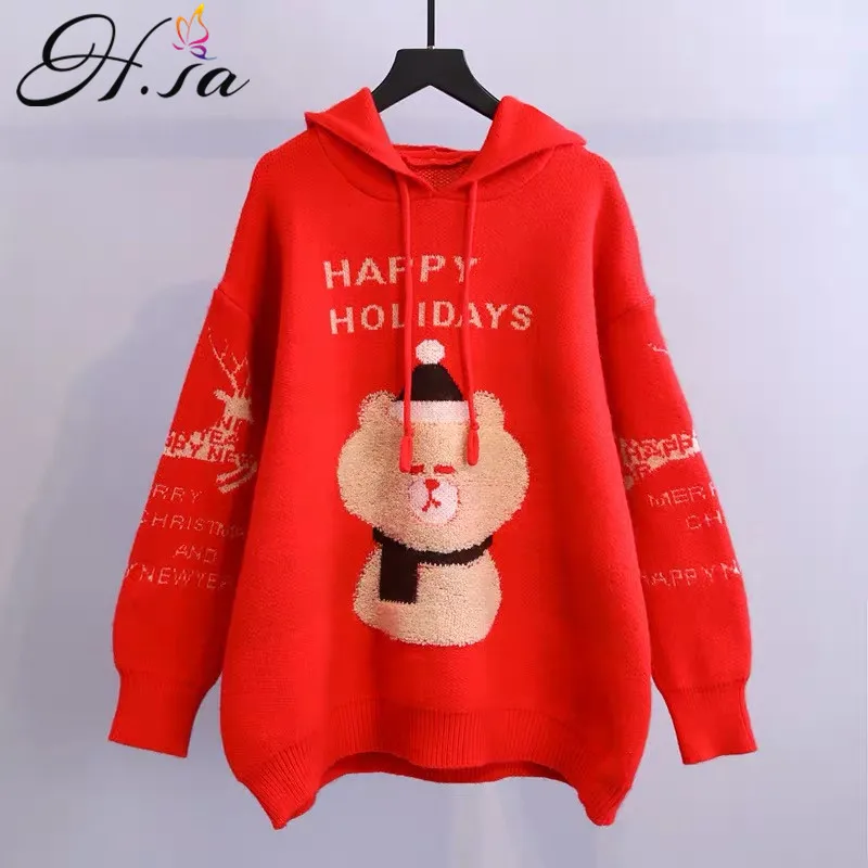 Hsa Oversized Sweater for Women 2020 Winter Pull Jumpers Cartoon Bear Christmas new year's sweater | Женская одежда