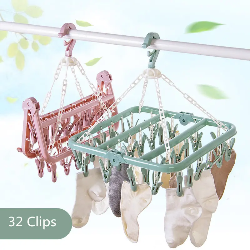 

32 Clips Drying Rack Sock Holder Portable Windproof Towel Folding Cloth Hanger Rack Clothespin Wardrobe Storage Cloth Hangers