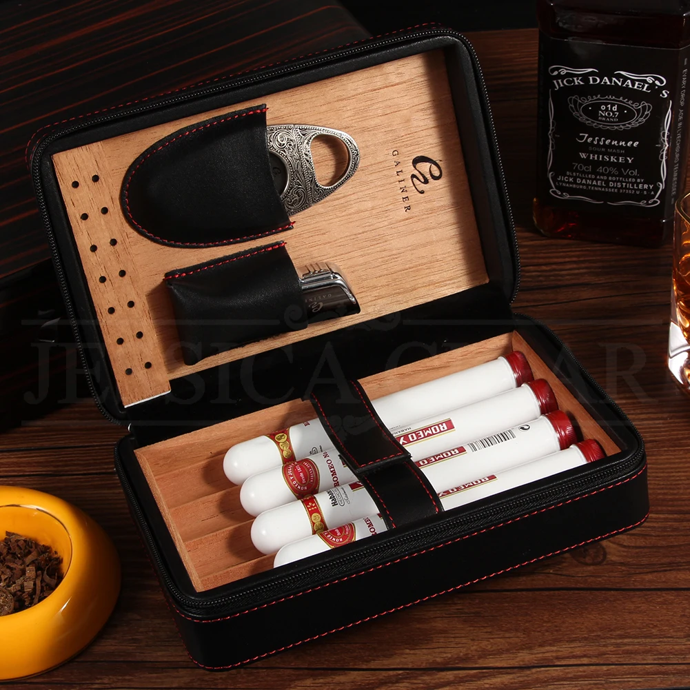 

GALINER Travel Humidor Cigar Case Leather Cedar Cigar Humidor Box With Lighter Cutter Set Metel Gas Torch Lighter Cigar Cutter