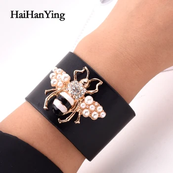 

Women's Fashion Exaggerated Bee Big Bracelet Adjustable Leather Insect Animal Pearl Bangle Model Party Luxurious Charm Jewellery