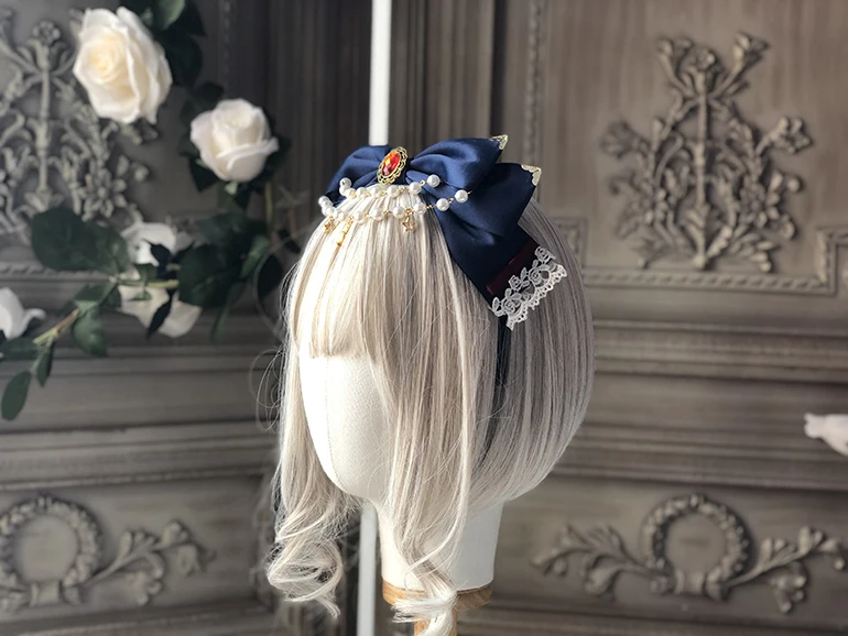 Сладкий головной убор ручной работы бант Hairband KC обруч с лентой Лолита кружева жемчужная цепь дизайн милый красный синий