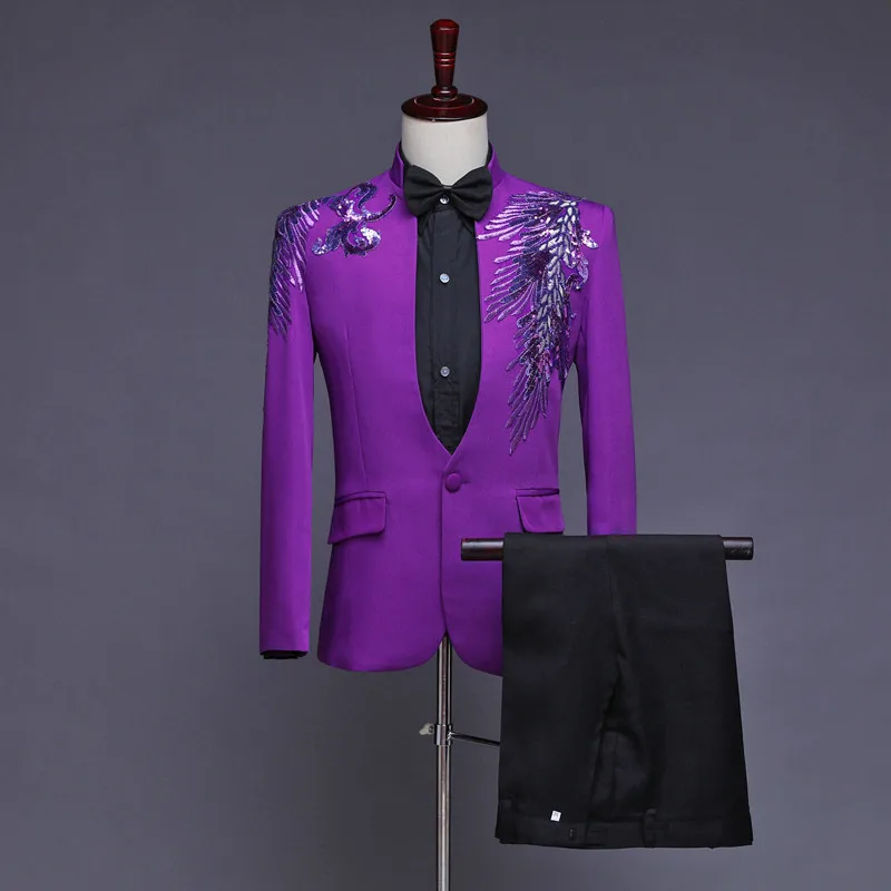 purple jacket pants Белый мужской блейзер, костюм для выпускного вечера, Мужской Блейзер, пиджак, костюм с бусинами, мужское платье выпускного вечера с длинным рукавом, мужской костюм, пиджак - Цвет: purple jacket pants