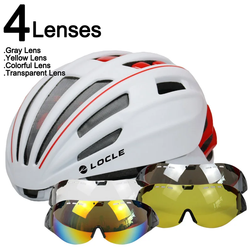LOCLE 280 г очки, велосипедный шлем, сетка от насекомых, дорожный горный MTB велосипедный шлем с линзой, шлем для велосипеда, Casco Ciclismo - Цвет: White Red 4 Lenses