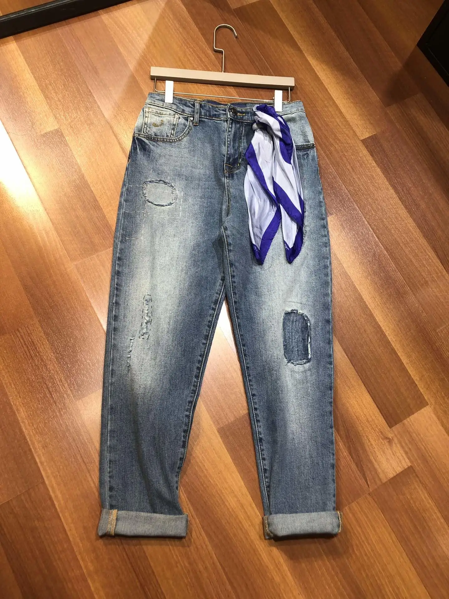 

2019 ladies fashion loose patch scarves denim trousers 0917