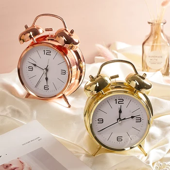 

Bedside Gold Alarm Clock Desk Retro Creative Table Silent Clocks Vintage Simple Metal Nordic Zegary Home Decoration BH50AC