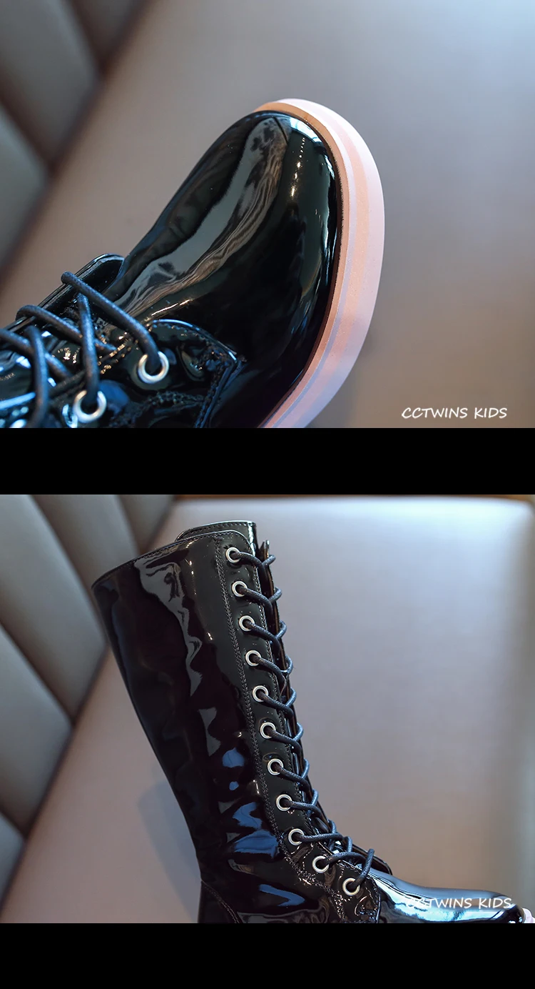 CCTWINS Kids Shoes Winter Fashion Girls High Boots Children Lace Casual Shoes for Toddler Black Leather Martin Boots HB059
