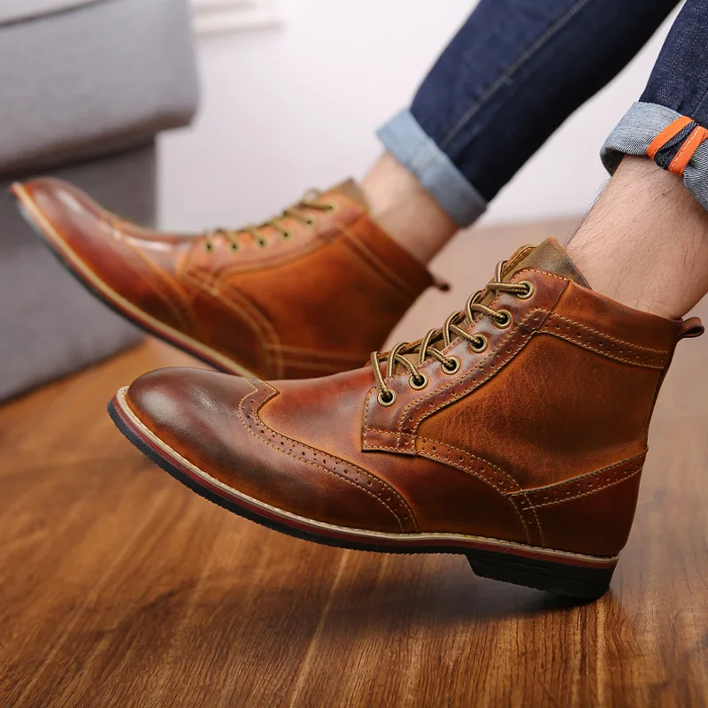 2019 Autumn Genuine Leather Men Boots Big Size 38-47 Vintage Brogue Mens Shoes Casual Fashion Lace-up Warm Boots For Man Brown