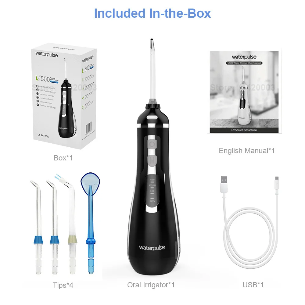 Waterpulse V500 USB Перезаряжаемый ирригатор для полости рта портативный беспроводной водный Флоссер для путешествий, массаж, чистка зубных зубов - Цвет: black
