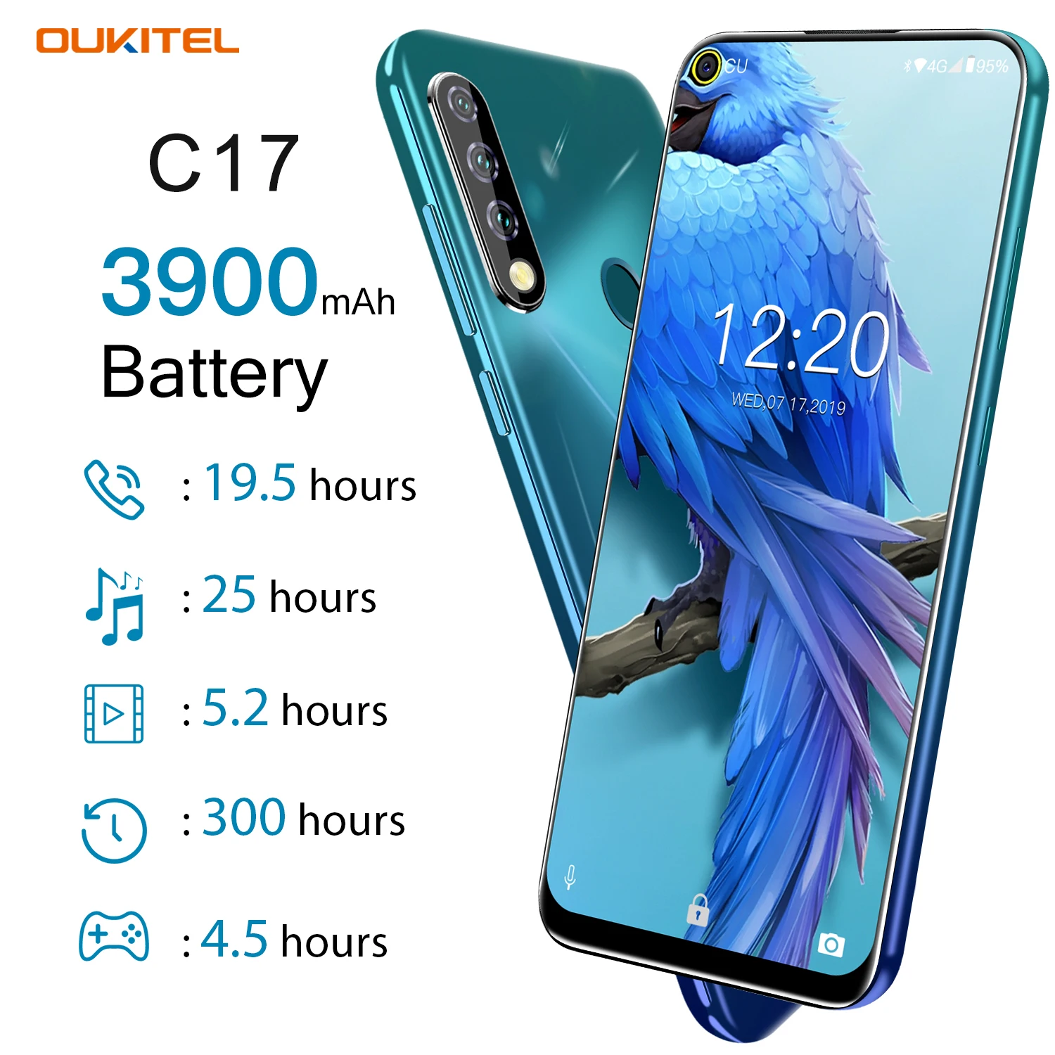 OUKITEL C17, 3 ГБ, 16 ГБ, Android 9,0, восьмиядерный смартфон, 6,35 дюйма, распознавание лица, отпечаток пальца, 3900 мАч, тройная камера, MT6763, 4G, мобильный телефон