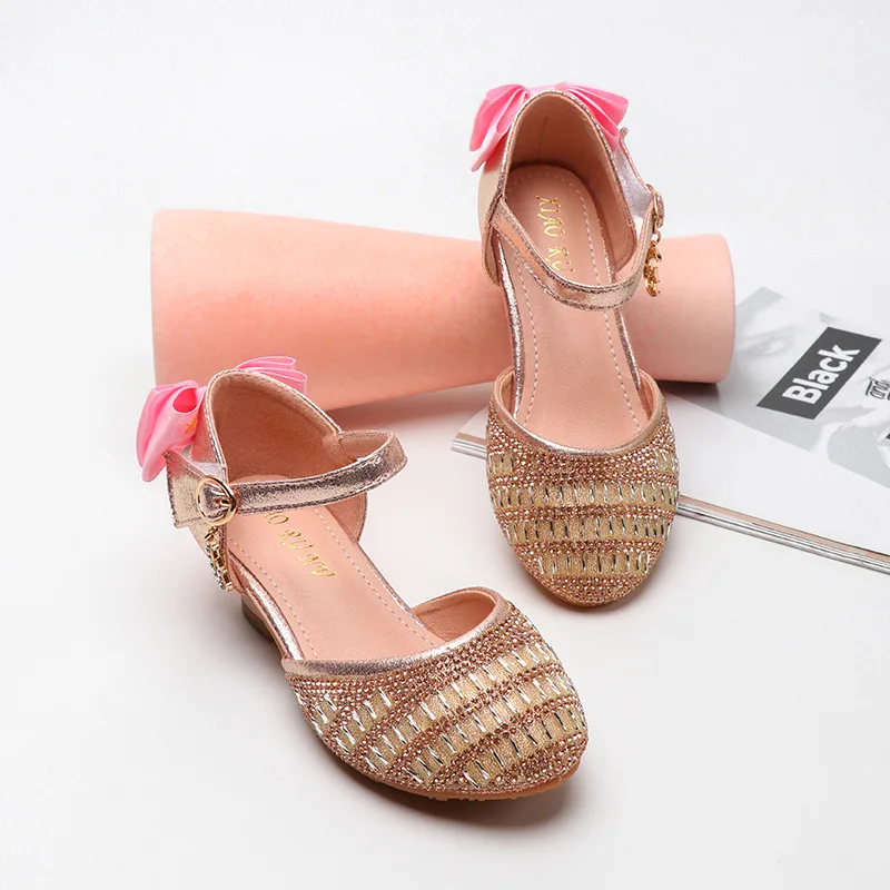 ULKNN Children Bowtie Rhinestone Fashion Sequins Leather Sandals Princess Girls Kids Soft Bottom 3 4 5 6 7 8 9 10 11 12 Years