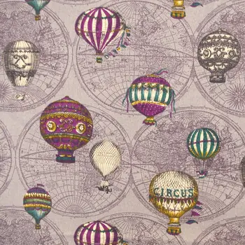 

Cotton Linen Fabric for sewing pathwork, bedding - Vintage hot air balloon on Durk Purple bakcground (width=140cm)
