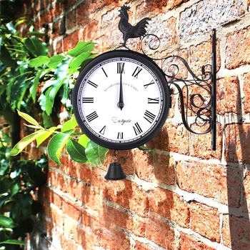

Time Wall Clock Hanging Antique Round Iron Art Outdoor Decorative Rooster Retro Garden Double Sided Vintage Quartz