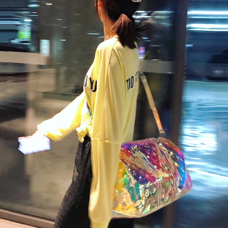 Laser colorful brand travel bag transparent bright luxury reflective fitness luggage bag slung carry on portable suitcase bag