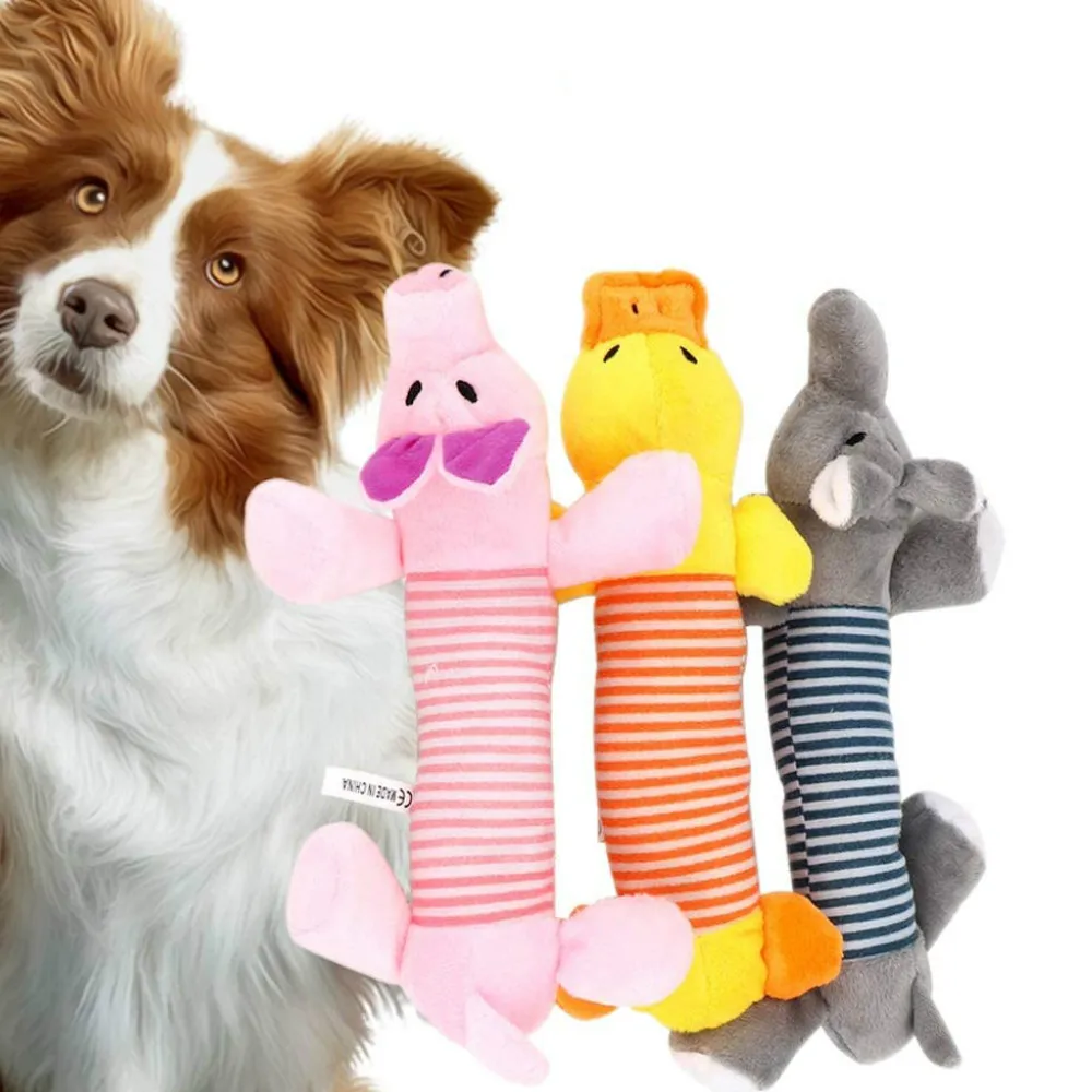 Nuevo Squeak Chew perro gato juguetes para mascotas juguetes para muñecas con sonido perro gato de lana Pet divertido elefante de peluche juguetes pato cerdo apto para todas las mascotas durabilidad