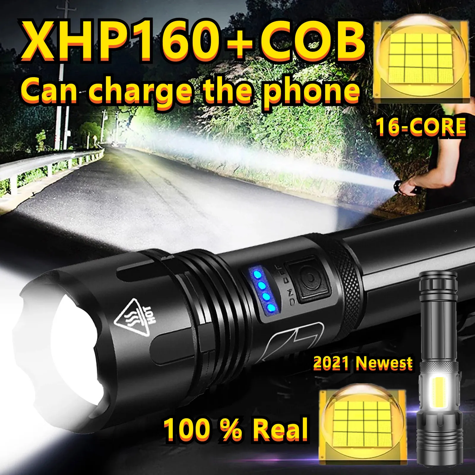 Фонарь XHP160 16 ядер мощный светодиодный фонарик COB перезаряжаемый через USB