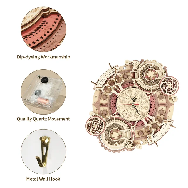 Robotime ROKR Time Art Zodiac Wall Clock 3D Wooden Puzzle Games Model Building Kits Toys for Children Kids LC 4