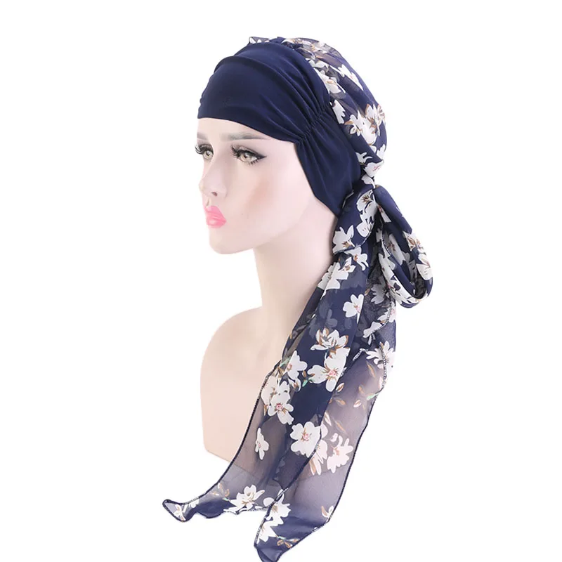 Elegant Women Long Headwear Print Turban Fashion Chemo Cap Pre-Tied Bandana Headscarf