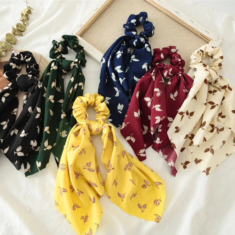 Новые листья печати Эластичный шарф для волос для Для женщин сладкие нарисованной длинноволосой девочкой, галстуком-бабочкой Scruniches хвост держатель волосы резинки аксессуары