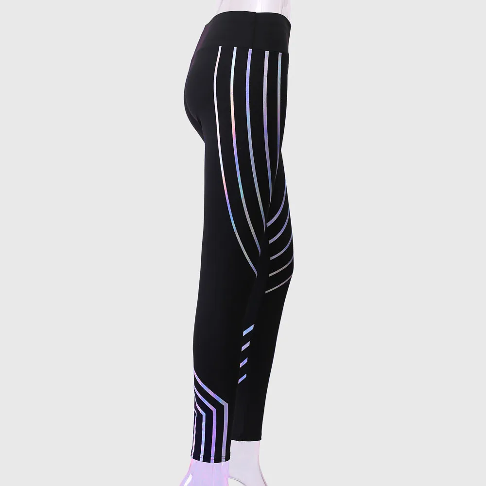 Красочный лазер в полоску модные бриджи для бега женские эластичные талии повседневные Леггинсы тренировки Фитнес Спорт бег спортивные брюки# Y3
