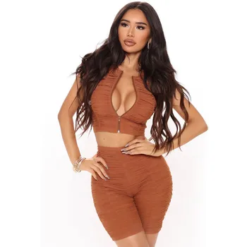 

mesh ruched biker shorts set zipper sexy summer bodycon Clothes for Women two piece sets brown crop tops shorts matching Sets